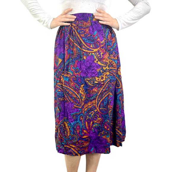 Vintage Dresses & Skirts - 80’s BRIGGS Petite Multicolor Paisley Flare Pleated Midi Skirt